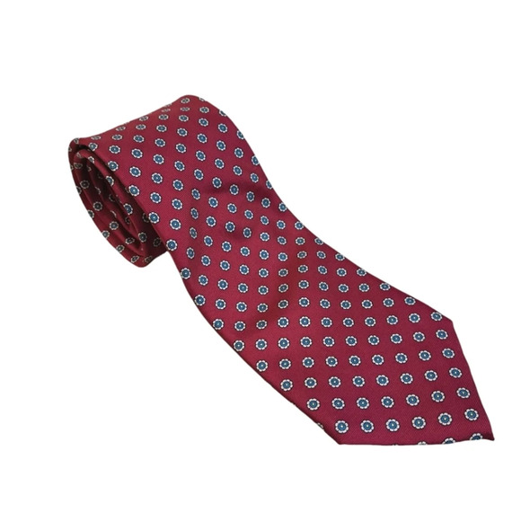DELLACROCE Red White Mini Flower 100% Silk Quality Made In USA Medium Width Tie - Picture 1 of 6